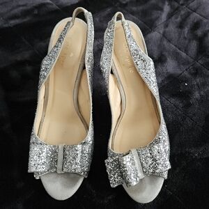 Kate Spade Silver Glitter Slingback Peep-Toe Heels